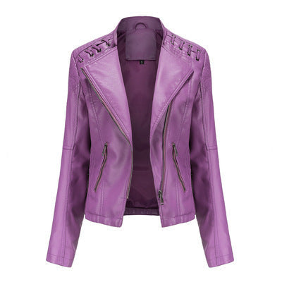 Short PU moto jacket for women with lapel collar and slim styling, presented for casual city layering and daily outfit ideas.