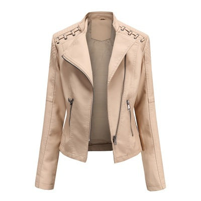 Women's PU leather jacket with short cut and defined lapel collar, shown as an outerwear choice for jeans and casual outfits.