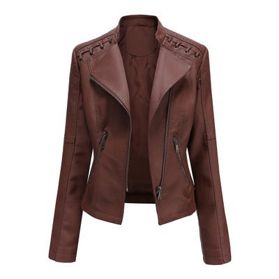 Women's PU leather jacket with short cut and defined lapel collar, presented for casual city layering and daily outfit ideas.
