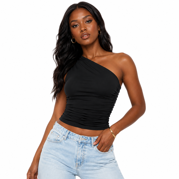 Elegant women’s asymmetrical top styled as a fitted layering piece for everyday and going out looks