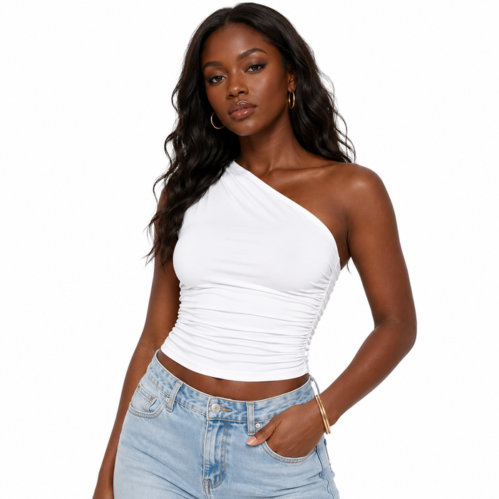 Women’s ruched one shoulder top paired with jeans for chic casual street style inspiration