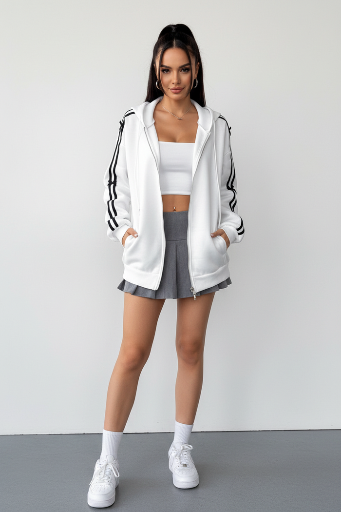 Women's Striped-Sleeve Zip Hoodie product view 1, showing visible design and option details for key option comparison online.