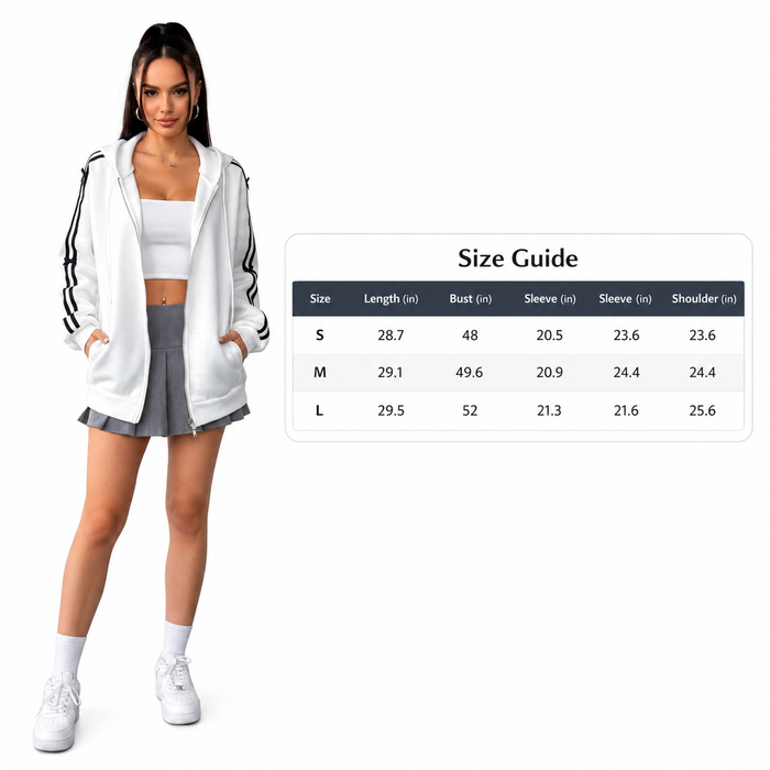 Women's striped-sleeve zip hoodie on model with size guide
