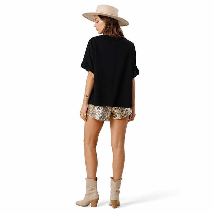 Black women's tiger sequined top with a casual loose-fitting shape for casual outfits for everyday styling in black or white.