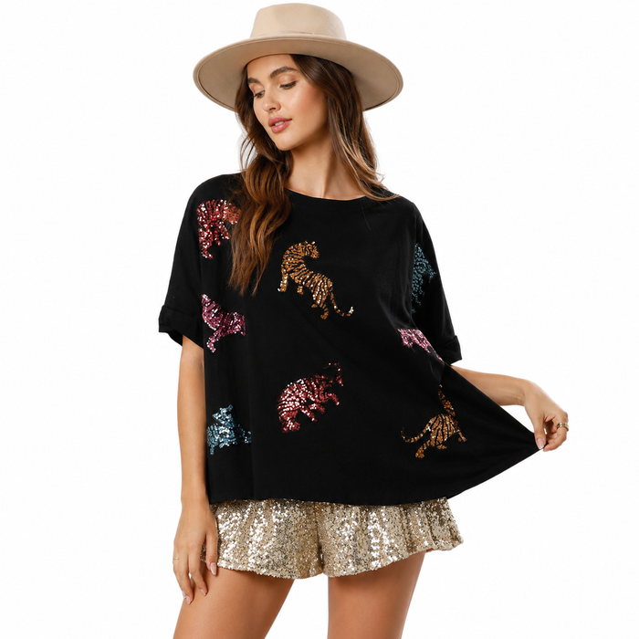 White women's tiger sequined top with a casual loose-fitting shape for casual outfits for everyday styling in black or white.