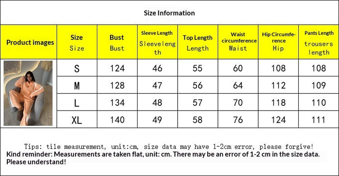 Size chart for clothing with measurements in centimeters