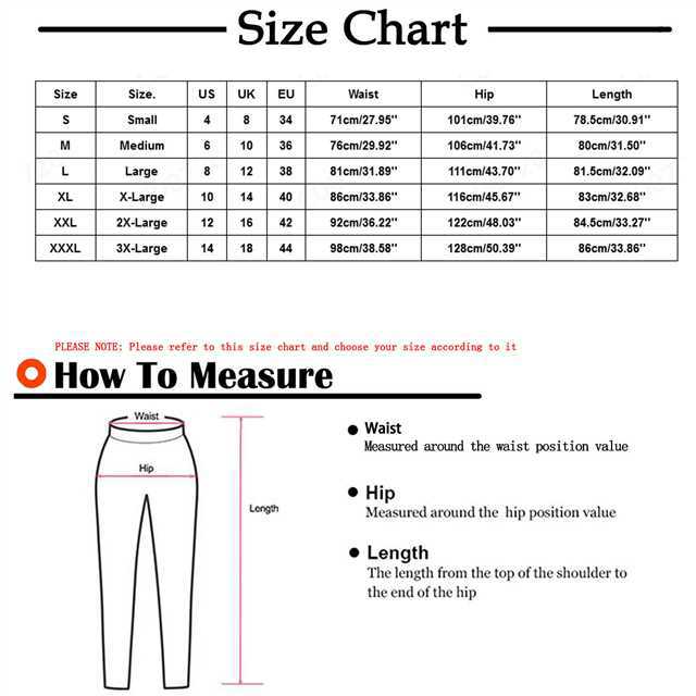 Size chart for pants with measurements in various units