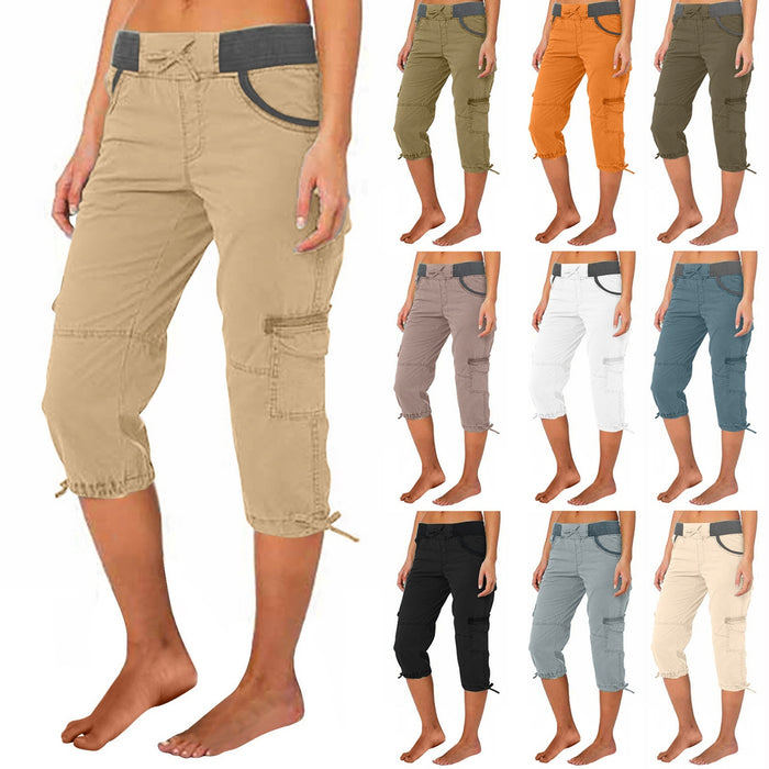 Collage of various colored capri pants worn by models on a white background