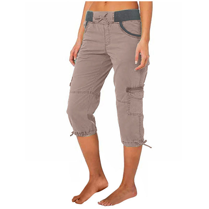 Close-up of adjustable waist detail on cropped cotton pants