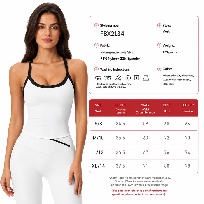 Woman wearing a white outfit with black trim, standing next to product details and size chart on a white background.