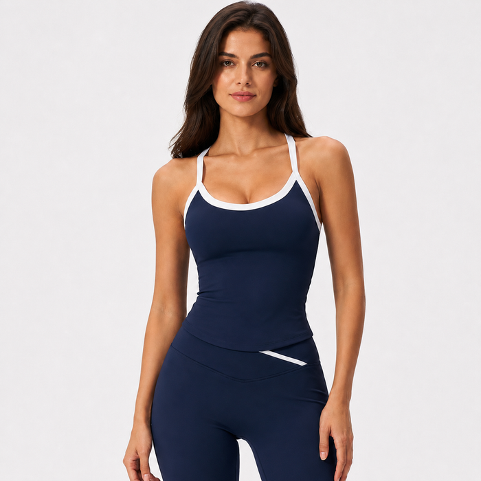 Deep blue running fitness tank top with smooth nylon feel, secure fixed straps and flattering support for active day workouts