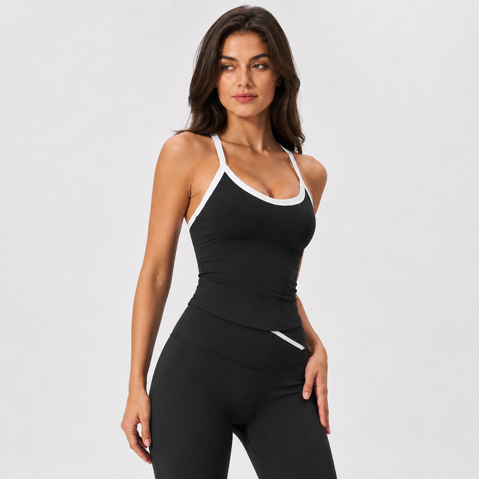 Premium black fitness tank top for women with smooth surface, supportive full cup shape and wire-free comfort for gym day use