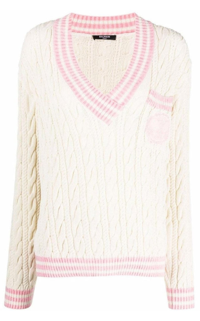 Balmain Wool - Blend Cable Knit Sweater With Patch - Runway Catalog