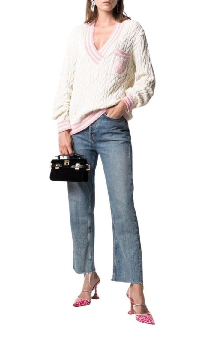 Balmain Wool - Blend Cable Knit Sweater With Patch - Runway Catalog