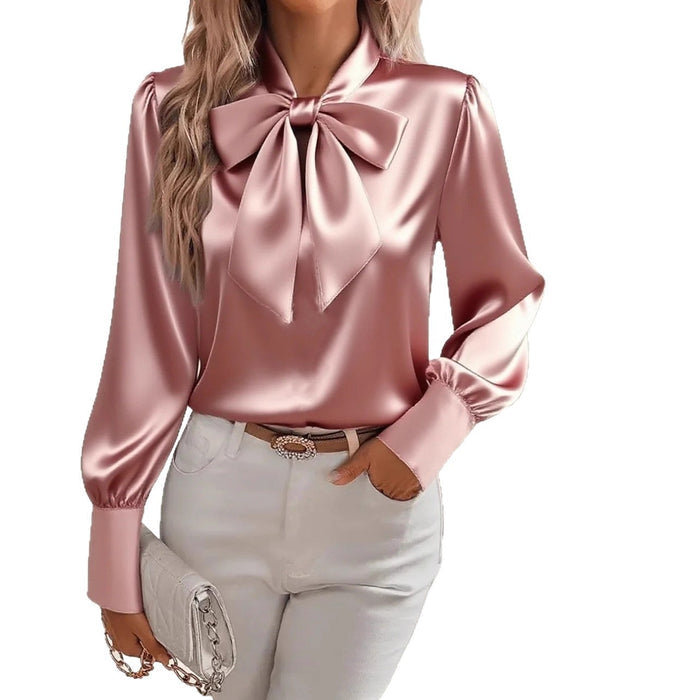 Bow tie blouse with long sleeves styled for a polished office outfit