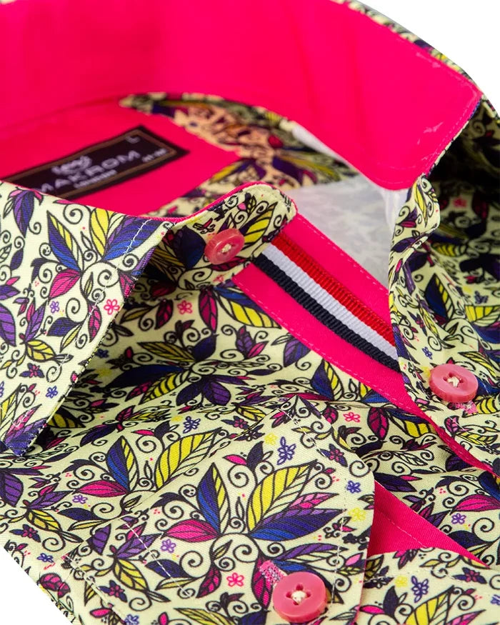 Yellow Colourful Leaf Print Shirt-Makrom