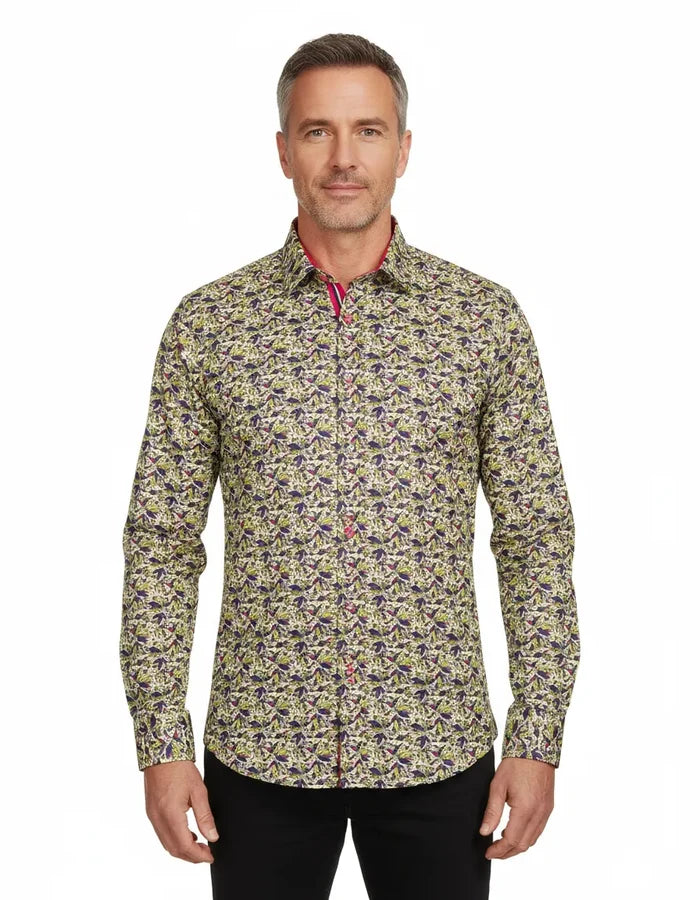 Yellow Colourful Leaf Print Shirt-Makrom