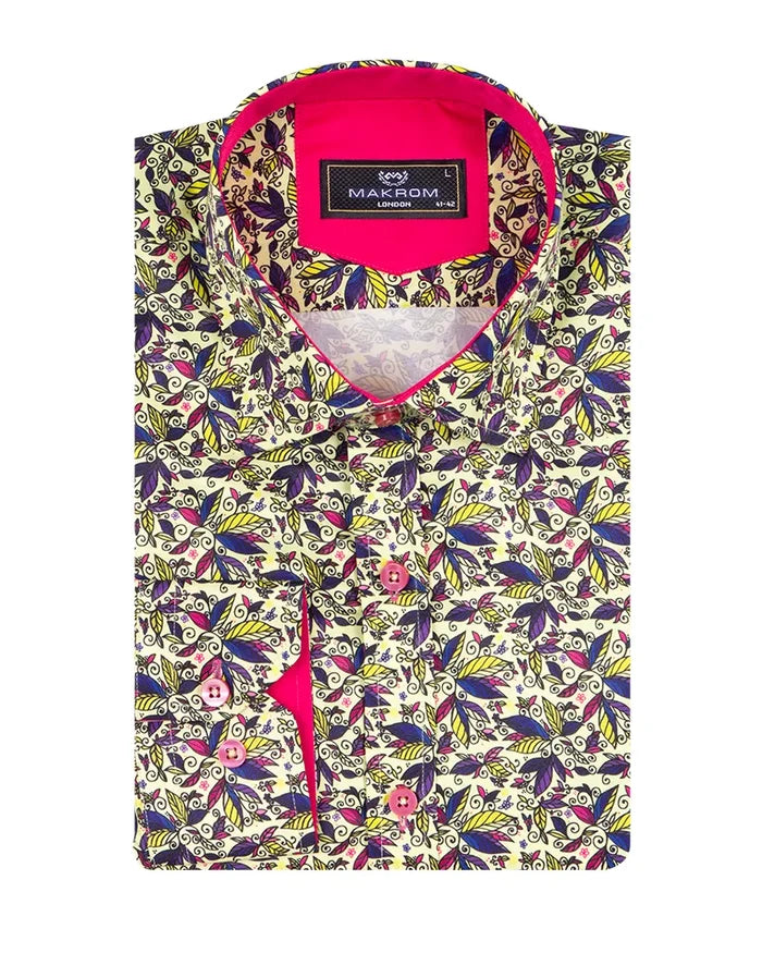 Yellow Colourful Leaf Print Shirt-Makrom