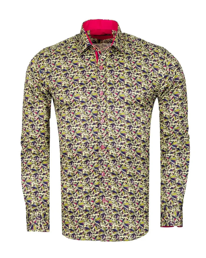 Yellow Colourful Leaf Print Shirt-Makrom