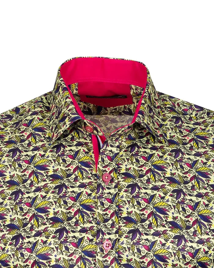 Yellow Colourful Leaf Print Shirt-Makrom