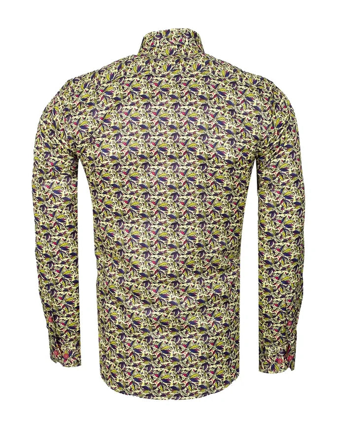 Yellow Colourful Leaf Print Shirt-Makrom