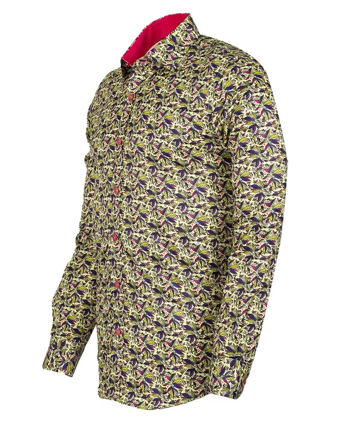 Yellow Colourful Leaf Print Shirt-Makrom