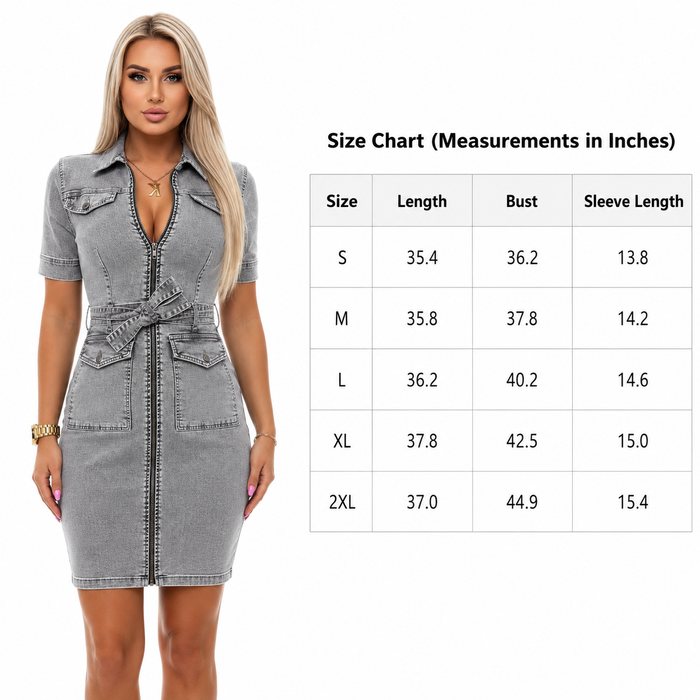 Short sleeve denim dress with front zipper closure and pockets, styled for brunch, errands, travel, and relaxed weekends fit.